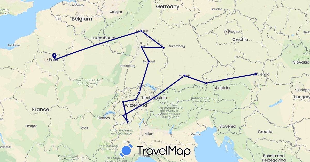 TravelMap itinerary: driving in Austria, Switzerland, Germany, France, Liechtenstein (Europe)